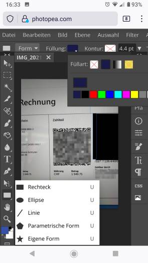 Screenshot Form- und Farbauswahl