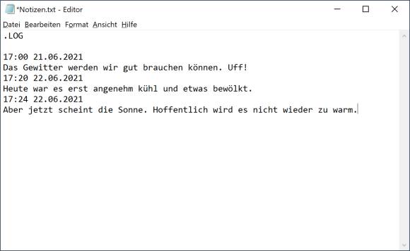 Screenshot Notepad-Editor mit Log-Funktion 