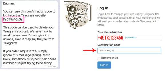 Screenshots Telegram-Code und Code-Eingabe im Browser