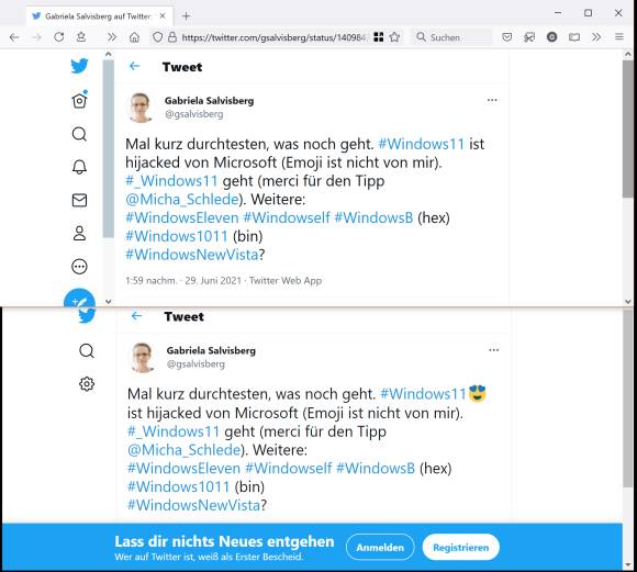 Screenshots eines Tweets im ein- und ausgeloggten Browser