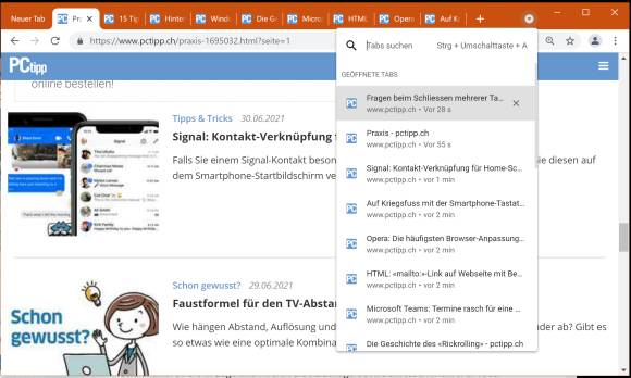 Screenshot Chrome mit geöffnetem Tab-Menü