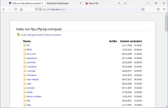 Screenshot der HP-FTP-Seite im Firefox 89 
