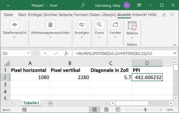 Screenshot Excel mit der Pixeldichte-Berechnung