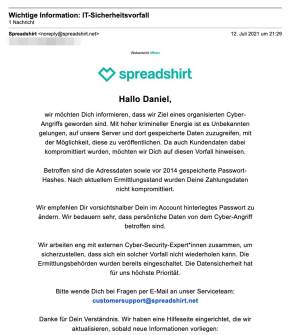 Screenshot von Spreadshirts Mitteilung zum Hackerangriff 