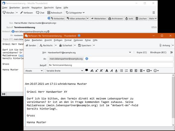 Screenshot eingetroffene Mail und Antwort darauf, mit Empfänger aus der Antwortadresse