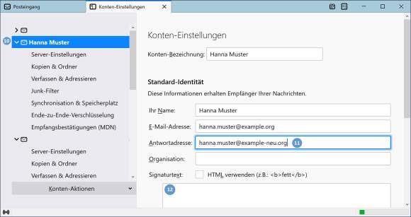 Screenshot Kontoeinstellungen mit fixer Antwortadresse