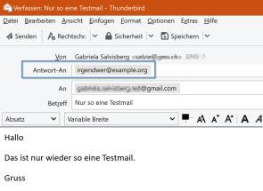 Screenshot Thunderbird mit Beispiel-Antwortadresse 