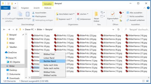 Screenshot Explorer-Fenster mit Scrollbalken-Kontextmenü