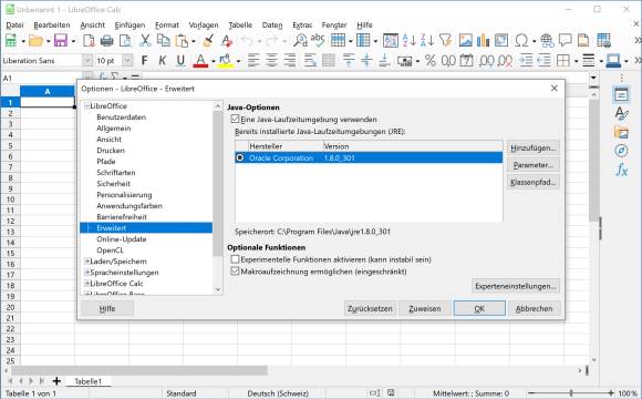 Screenshot LibreOffice mit Java-Einstellungen