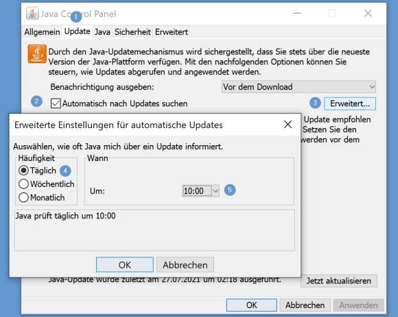 Nummerierter Screenshot der Java-Update-Einstellungen