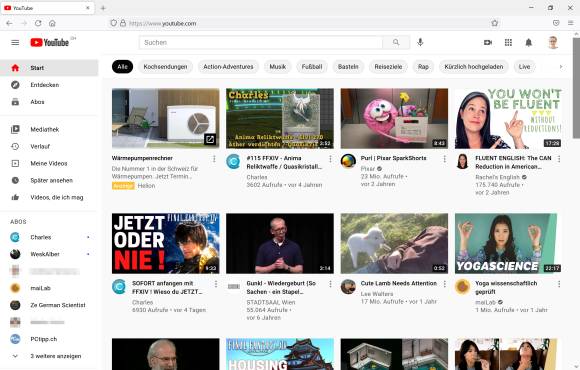 Screenshot YouTube in Deutsch