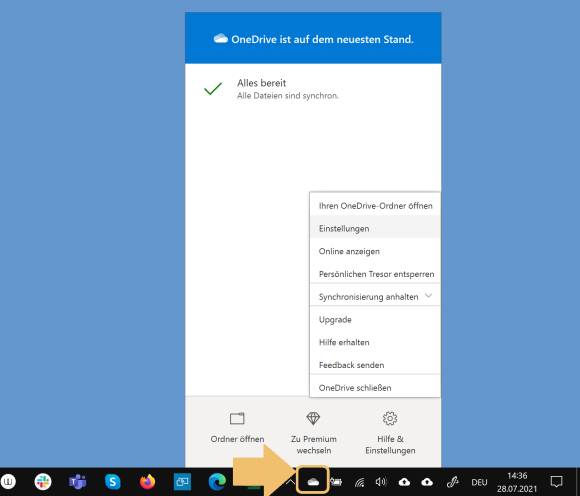 Screenshot Menü des OneDrive-Icons im Infobereich