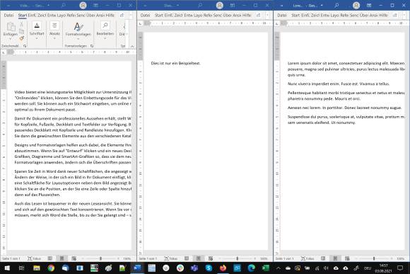 Screenshot dreier Worddateien nebeneinander eingepasst