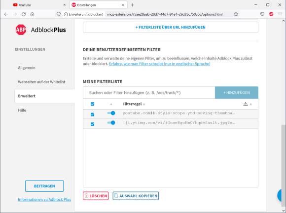 Screenshot benutzerdefinierte Filter in AdBlock Plus