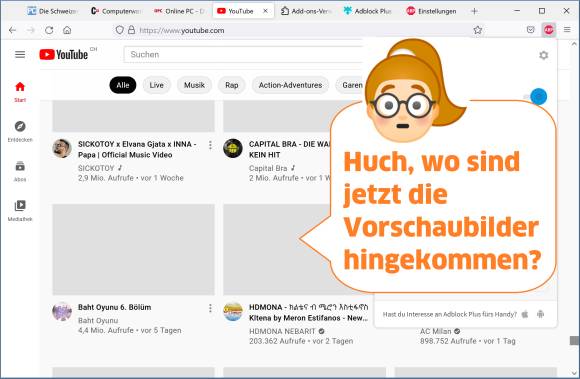 Screenshot YouTube mit fehlenden Vorschaubildern 