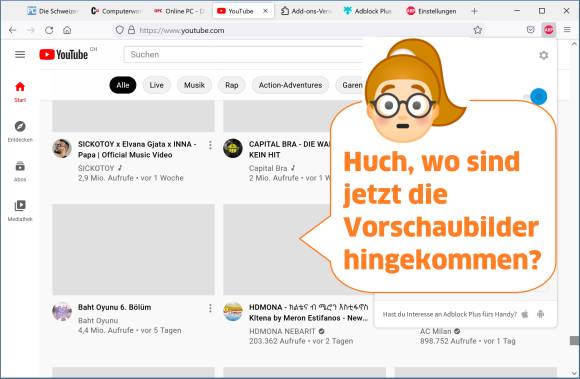 Screenshot YouTube mit fehlenden Vorschaubildern 