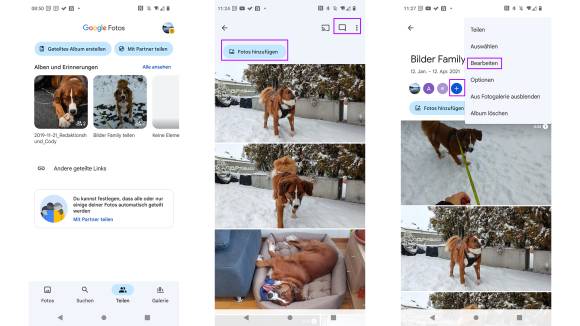Drei Screenshots zeigen das Teilen von Bildern via Google-Fotos-App 