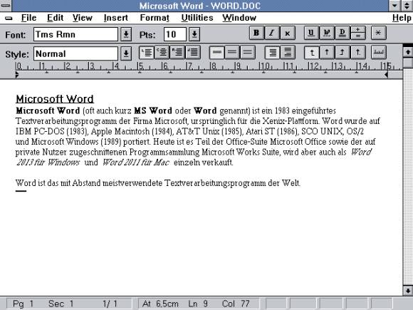 Screenshot von Microsoft Word 1.1a auf Microsoft Windows 3.00a