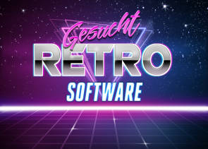 "Gesucht Retro-Software"-Schriftzug im 80er-Jahre-Stil 