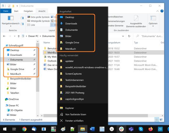 Screenshot angeheftete Ordner im Schnellzugriff und in der Taskleiste