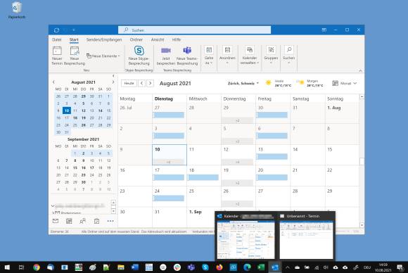 Screenshot Outlook und Outlook-Taskleisten-Vorschauen 
