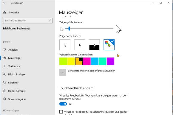 Screenshot Mauszeigergrösse und Farbe einstellen