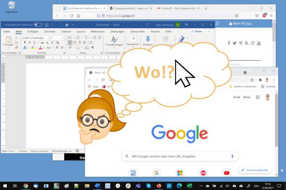 Windows-Desktop mit mehreren Fenstern und Comic-Figur mit Denkblase "Wo?" 