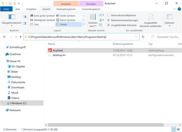 Screenshot Explorer mit Autostart-Verknüpfung von AnyDesk