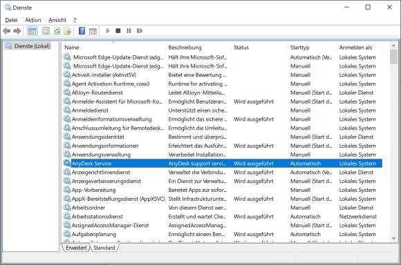 Screenshot Windows-Dienste mit AnyDesk-Dienst