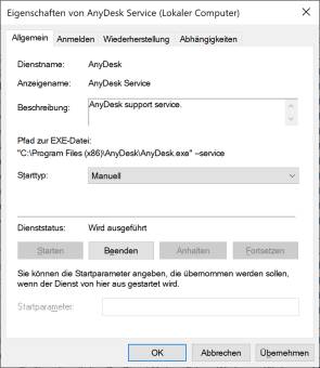 Screenshot Diensteinstellung AnyDesk