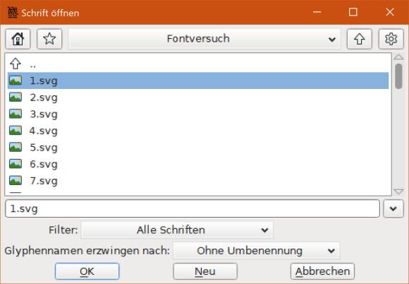 Screenshot Projektordner in FontForge