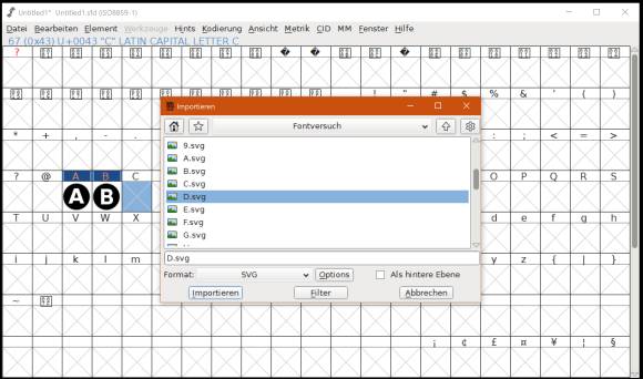 Screenshot FontForge, erste zwei Buchstaben importiert