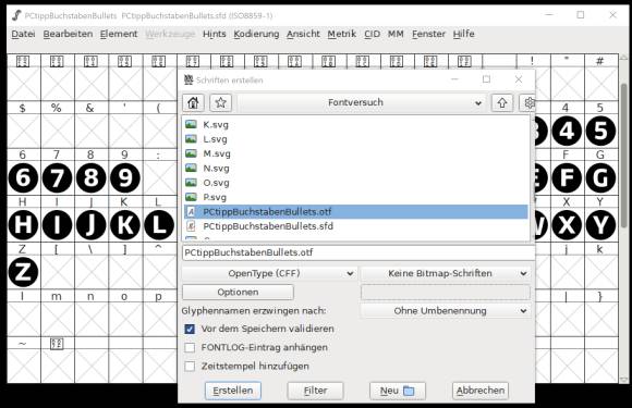 Screenshot FontForge Schrift erstellen