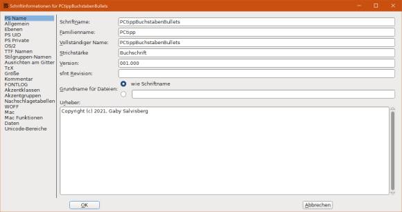 Screenshot FontForge Schriftinformationen