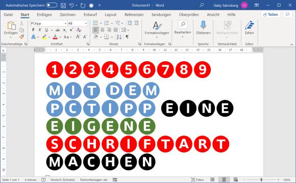 Word-Dokument mit Buchstaben in farbigen Kreisen 