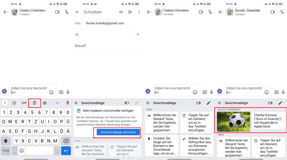 Screenshots zeigen die Mehrfach-Zwischenablage am Beispiel der Gmail-App 