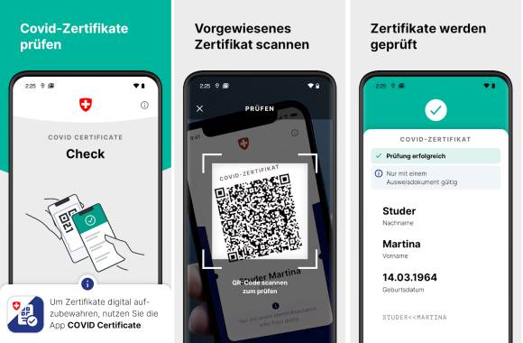 Screenshots aus dem PlayStore zur App Covid Certificate Check 