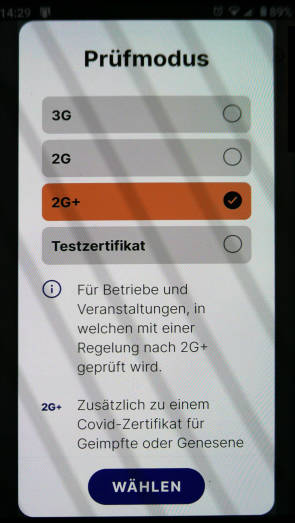 Foto der App mit der Auswahl 3G, 2G, 2G+ und Testzertifikat
