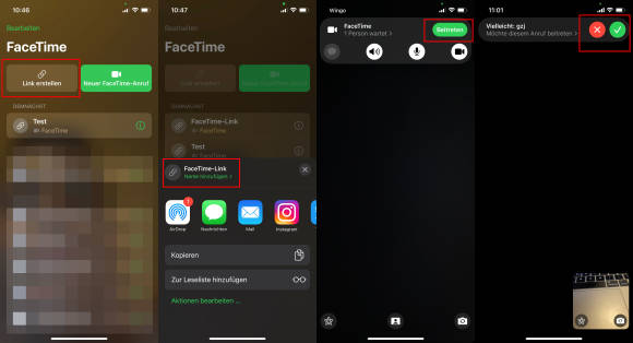 Screenshots zeigen Erstellen eines FaceTime-Links auf einem iPhone