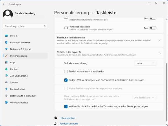 Screenshot Taskleisteneinstellungen