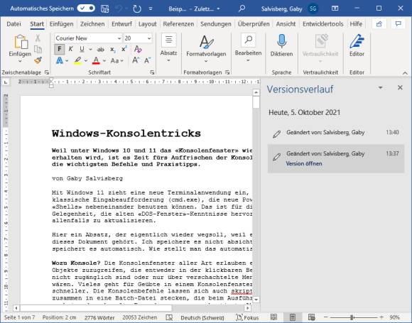 Screenshot Word-Fenster mit aufgelisteten Versionen in der rechten Spalte