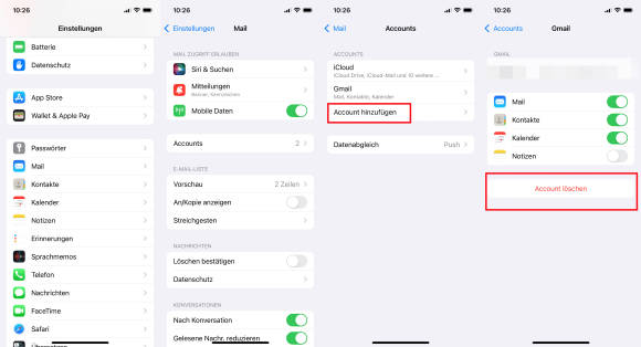 Screenshots zeigen den Weg zum Löschen des Kontos
