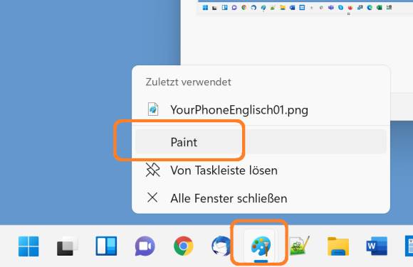 Screenshot Kontextmenü von Paint in der Taskleiste