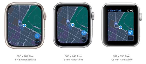 Von links nach rechts: Apple Watch Series 7, Apple Watch Series 6 und Apple Watch Series 3, die immer noch verkauft wird, um das unterste Preissegment zu verteidigen