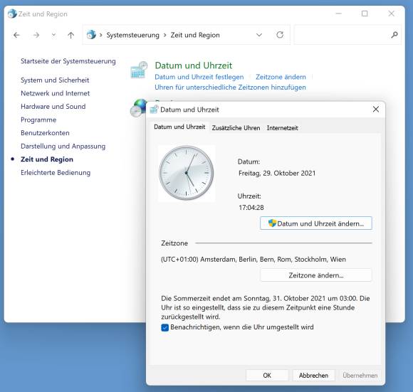 Screenshot Uhrzeitanzeige aus der Systemsteuerung