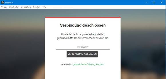 Screenshot Threema Desktop mit Sitzungspasswort-Feld