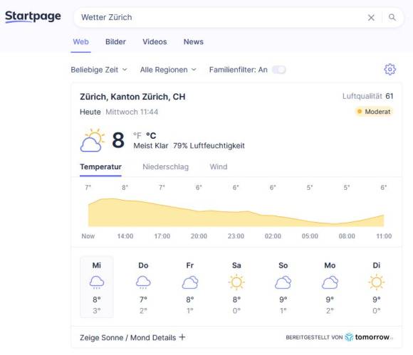 Screenshot Startpage Wetterwidget 