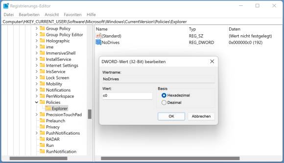 Der Registry-Editor mit dem Eintrag