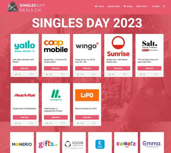 Screenshot der Webseite singlesdaydeals.ch