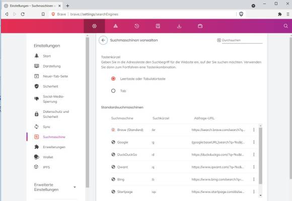 Suchmaschineneinstellungen im Brave-Browser 